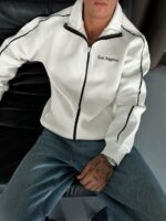 Мужская Белая Кофта Зипка Оверсайз с Кантом - Зип Худи на Молнии
