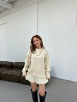 Женский Бежевый Костюм Двойка - Свитер Оверсайз + Юбка Клеш Мини