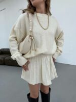 Женский Молочный Костюм Двойка - Свитер Оверсайз + Юбка Клеш Мини