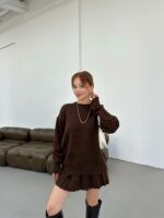 Женский Коричневый Костюм Двойка - Свитер Оверсайз + Юбка Клеш Мини