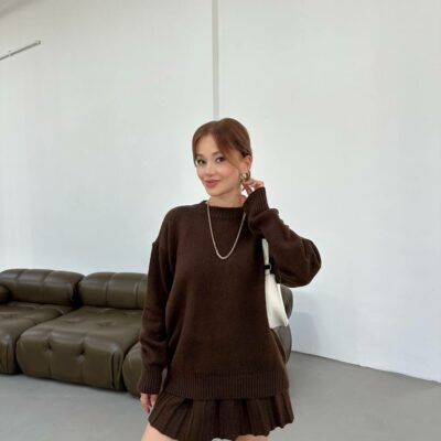 Женский Коричневый Костюм Двойка - Свитер Оверсайз + Юбка Клеш Мини