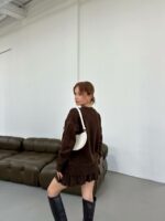 Женский Коричневый Костюм Двойка - Свитер Оверсайз + Юбка Клеш Мини