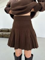 Женский Коричневый Костюм Двойка - Свитер Оверсайз + Юбка Клеш Мини