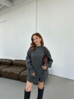 Женский Графитовый Костюм Двойка - Свитер Оверсайз + Юбка Клеш Мини