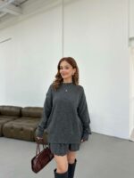 Женский Графитовый Костюм Двойка - Свитер Оверсайз + Юбка Клеш Мини