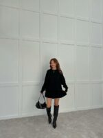 Женский Черный Костюм Двойка - Свитер Оверсайз + Юбка Клеш Мини