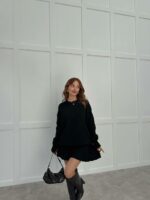 Женский Черный Костюм Двойка - Свитер Оверсайз + Юбка Клеш Мини