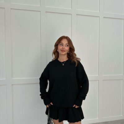 Женский Черный Костюм Двойка - Свитер Оверсайз + Юбка Клеш Мини