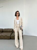 Женский Трикотажный Базовый Бежевый Костюм - Кофта Поло на Молнии + Свободные Штаны Палаццо