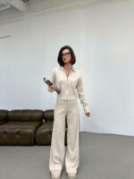 Женский Трикотажный Базовый Бежевый Костюм - Кофта Поло на Молнии + Свободные Штаны Палаццо