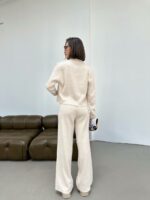 Женский Трикотажный Базовый Бежевый Костюм - Кофта Поло на Молнии + Свободные Штаны Палаццо