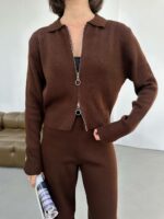 Женский Трикотажный Базовый Коричневый Костюм - Кофта Поло на Молнии + Свободные Штаны Палаццо