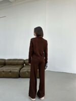 Женский Трикотажный Базовый Коричневый Костюм - Кофта Поло на Молнии + Свободные Штаны Палаццо