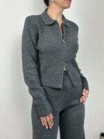 Женский Трикотажный Базовый Графитовый Костюм - Кофта Поло на Молнии + Свободные Штаны Палаццо