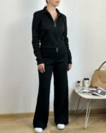 Женский Трикотажный Базовый Черный Костюм - Кофта Поло на Молнии + Свободные Штаны Палаццо