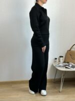 Женский Трикотажный Базовый Черный Костюм - Кофта Поло на Молнии + Свободные Штаны Палаццо