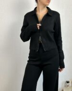Женский Трикотажный Базовый Черный Костюм - Кофта Поло на Молнии + Свободные Штаны Палаццо