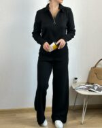 Женский Трикотажный Базовый Черный Костюм - Кофта Поло на Молнии + Свободные Штаны Палаццо
