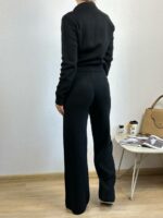 Женский Трикотажный Базовый Черный Костюм - Кофта Поло на Молнии + Свободные Штаны Палаццо