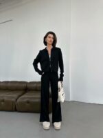Женский Трикотажный Базовый Черный Костюм - Кофта Поло на Молнии + Свободные Штаны Палаццо