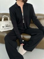 Женский Трикотажный Базовый Черный Костюм - Кофта Поло на Молнии + Свободные Штаны Палаццо