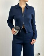 Женский Трикотажный Базовый Темно-Синий Костюм - Кофта Поло на Молнии + Свободные Штаны Палаццо