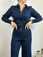 Женский Трикотажный Базовый Темно-Синий Костюм - Кофта Поло на Молнии + Свободные Штаны Палаццо