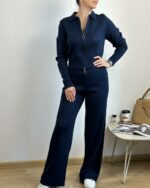 Женский Трикотажный Базовый Темно-Синий Костюм - Кофта Поло на Молнии + Свободные Штаны Палаццо