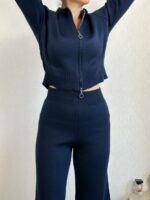 Женский Трикотажный Базовый Темно-Синий Костюм - Кофта Поло на Молнии + Свободные Штаны Палаццо