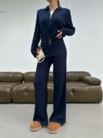 Женский Трикотажный Базовый Темно-Синий Костюм - Кофта Поло на Молнии + Свободные Штаны Палаццо