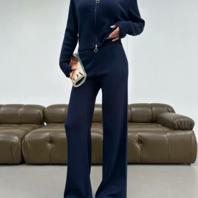Женский Трикотажный Базовый Темно-Синий Костюм - Кофта Поло на Молнии + Свободные Штаны Палаццо