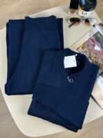 Женский Трикотажный Базовый Темно-Синий Костюм - Кофта Поло на Молнии + Свободные Штаны Палаццо