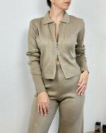 Женский Трикотажный Базовый Песочный Костюм - Кофта Поло на Молнии + Свободные Штаны Палаццо