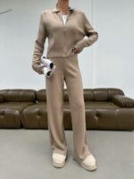 Женский Трикотажный Базовый Песочный Костюм - Кофта Поло на Молнии + Свободные Штаны Палаццо