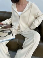 Женский Базовый Трикотажный Молочный Костюм - Зип Кофта на Молнии + Широкие Штаны Палаццо