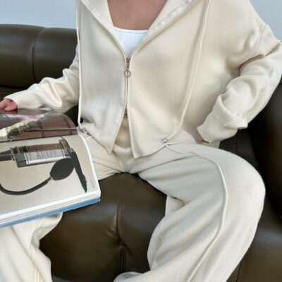 Женский Трикотажный Базовый Бежевый Костюм - Кофта Поло на Молнии + Свободные Штаны Палаццо