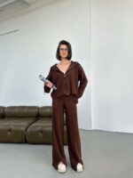Женский Трикотажный Базовый Коричневый Костюм - Кофта Поло на Молнии + Свободные Штаны Палаццо