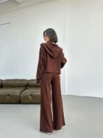 Женский Трикотажный Базовый Коричневый Костюм - Кофта Поло на Молнии + Свободные Штаны Палаццо