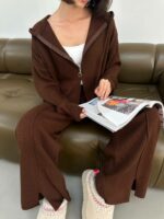 Женский Трикотажный Базовый Коричневый Костюм - Кофта Поло на Молнии + Свободные Штаны Палаццо