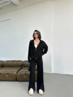 Женский Базовый Трикотажный Черный Костюм - Зип Кофта на Молнии + Широкие Штаны Палаццо