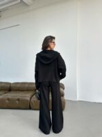 Женский Базовый Трикотажный Черный Костюм - Зип Кофта на Молнии + Широкие Штаны Палаццо