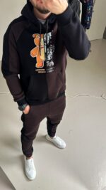 Мужской Утепленный Черно-Коричневый Костюм с Принтом- Худи Джоггеры на Флисе