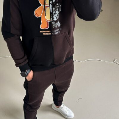 Мужской Утепленный Черно-Коричневый Костюм с Принтом- Худи Джоггеры на Флисе