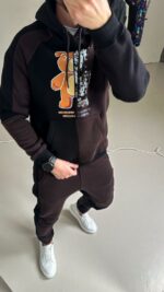 Мужской Утепленный Черно-Коричневый Костюм с Принтом- Худи Джоггеры на Флисе