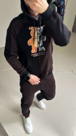 Мужской Утепленный Черно-Коричневый Костюм с Принтом- Худи Джоггеры на Флисе