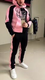 Мужской Утепленный Черно-Розовый Костюм с Принтом- Худи Джоггеры на Флисе