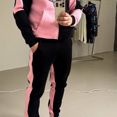 Мужской Утепленный Черно-Розовый Костюм с Принтом- Худи Джоггеры на Флисе