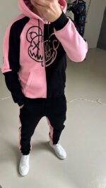 Мужской Утепленный Черно-Розовый Костюм с Принтом- Худи Джоггеры на Флисе