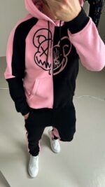 Мужской Утепленный Черно-Розовый Костюм с Принтом- Худи Джоггеры на Флисе