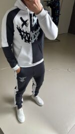 Мужской Утепленный Графитово-Белый Костюм с Принтом- Худи Джоггеры на Флисе